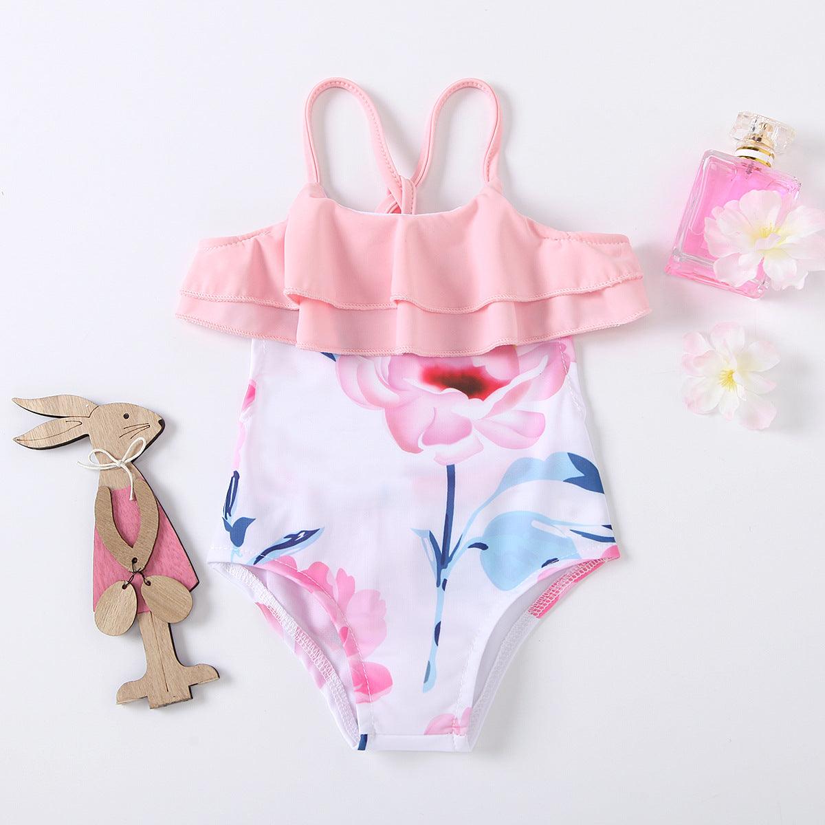 Toddler Kids Girls Summer Solid Color Suspender Flower Print Jumpsuit Swimsuit - PrettyKid