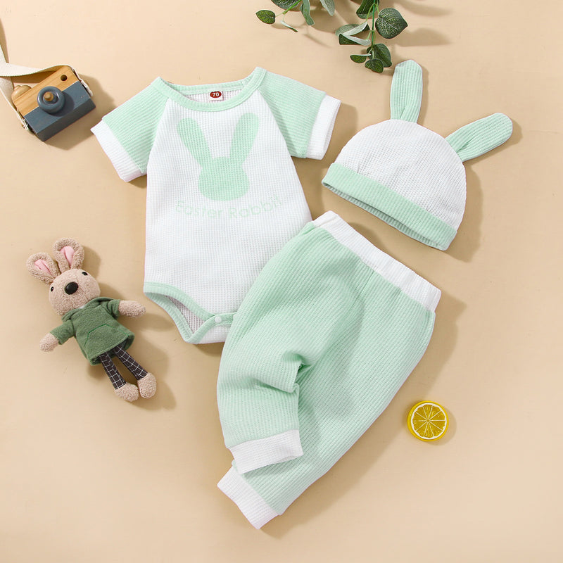 Baby Boys Girl Color Blocking Cartoon Rabbit Short Sleeve Round Neck Romper Pants Hat Set - PrettyKid
