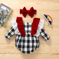 Baby Girls Plaid Jumpsuit Lace Jumpsuit Velvet Hair Band Christmas Suit - PrettyKid