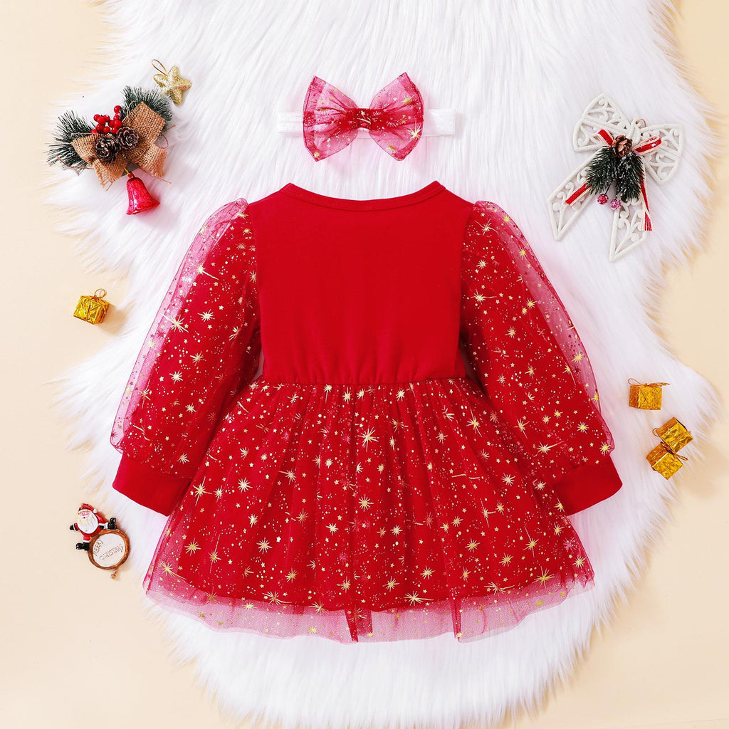 Toddler Girls Christmas Print Mesh Bubble Sleeve Dress - PrettyKid