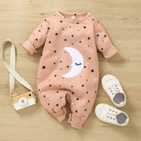 Baby Girls Solid Color Lovely Moon Star Print Long Sleeve Jumpsuit - PrettyKid