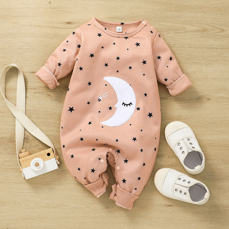 Baby Girls Solid Color Lovely Moon Star Print Long Sleeve Jumpsuit - PrettyKid