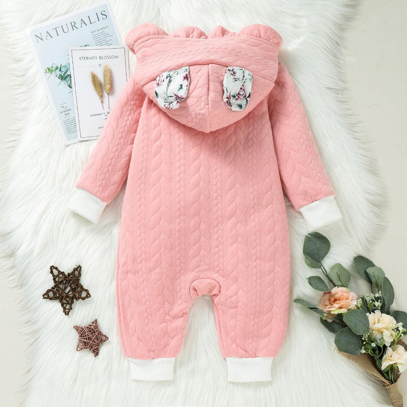 Baby Girls Kaai Cartoon Pink Hooded Long Sleeve Thickened Warm Jumpsuit - PrettyKid