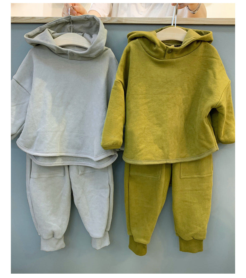 Toddler Kids Boys Girls Solid Color Button Pullover Hooded Sweatshirt Set - PrettyKid