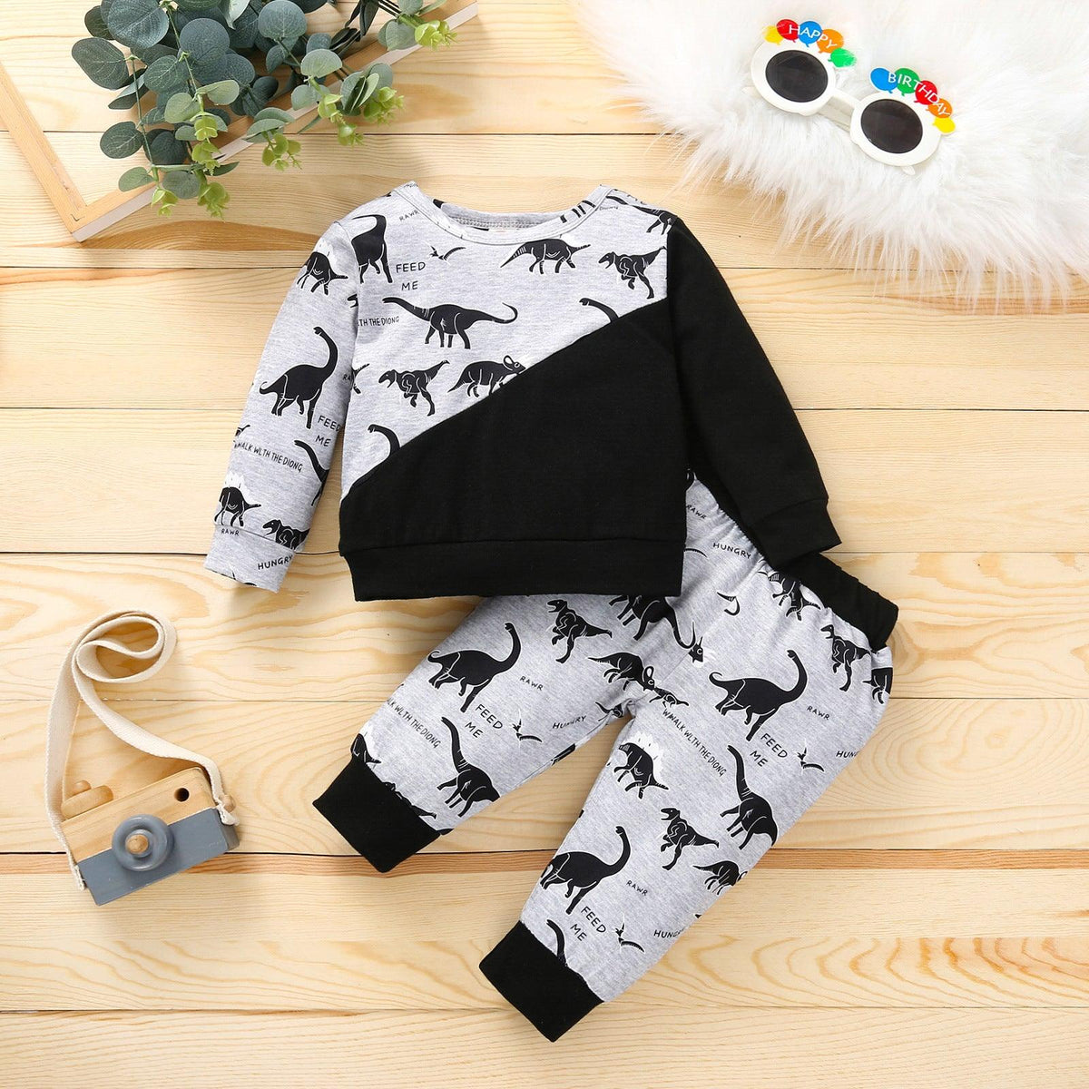 Toddler Kids Boys' Round Neck Dinosaur Print Color Blocking Long-sleeved Suit - PrettyKid