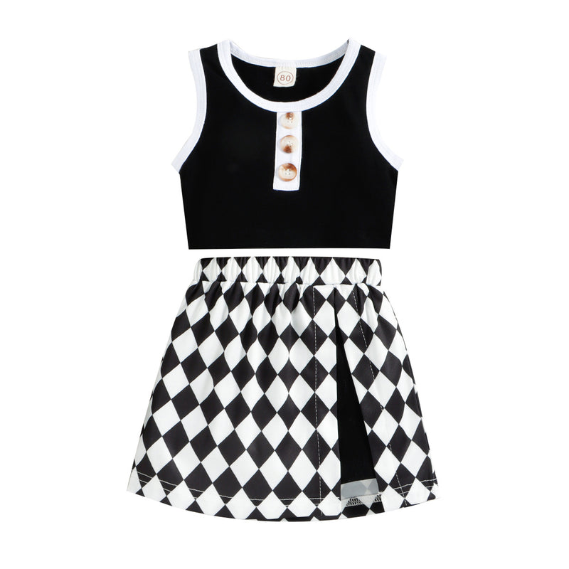 Children's Clothing Girls Plaid Slit Short Skirt Undershirt Top Two-piece Suit - PrettyKid