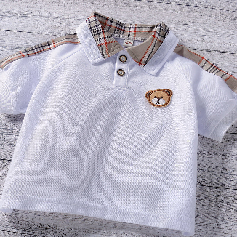 Toddler Kids Boys Solid Plaid Stitched Cartoon Bear Embroidered Shirt Short Sleeve Set - PrettyKid
