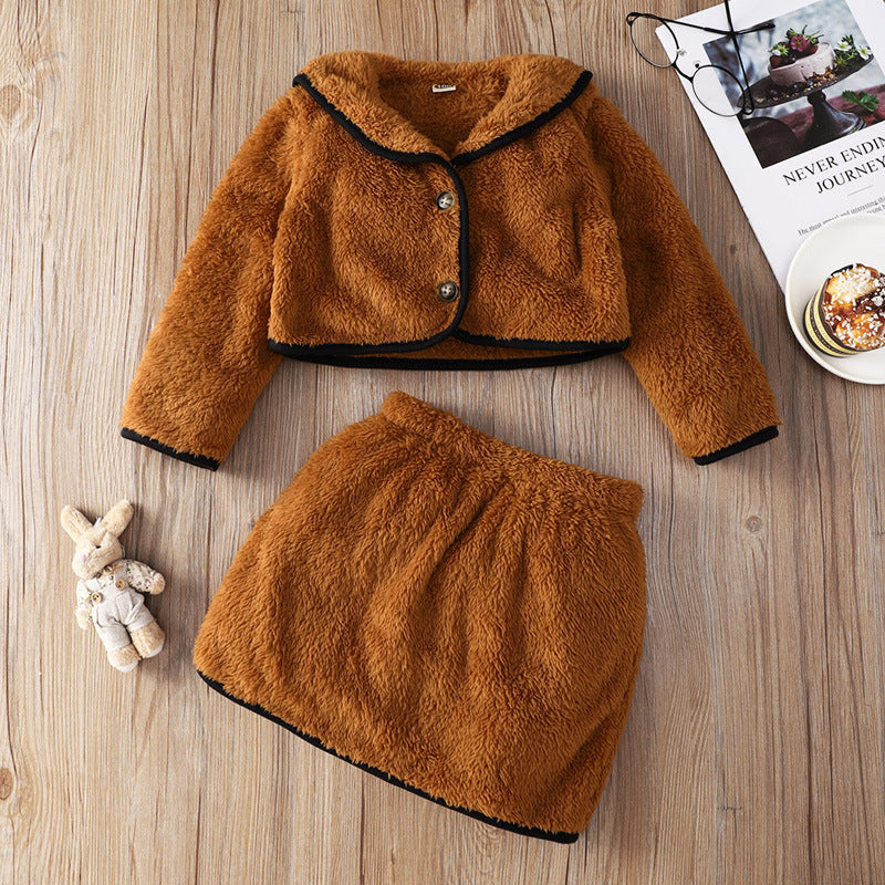 Toddler Kids Girls Brown Long Sleeved Lapel Furry Coat Skirt Suit - PrettyKid