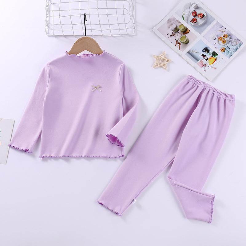 Toddler Kids Girls Solid Color Bow Lace De Velvet Pajamas Set Children's Warm Home Wear - PrettyKid
