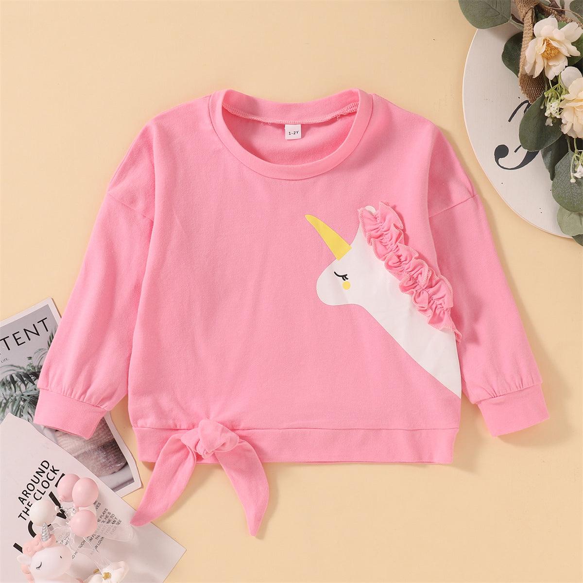 Toddler Girls Pink Long Sleeve Unicorn Top Denim Pants Set - PrettyKid