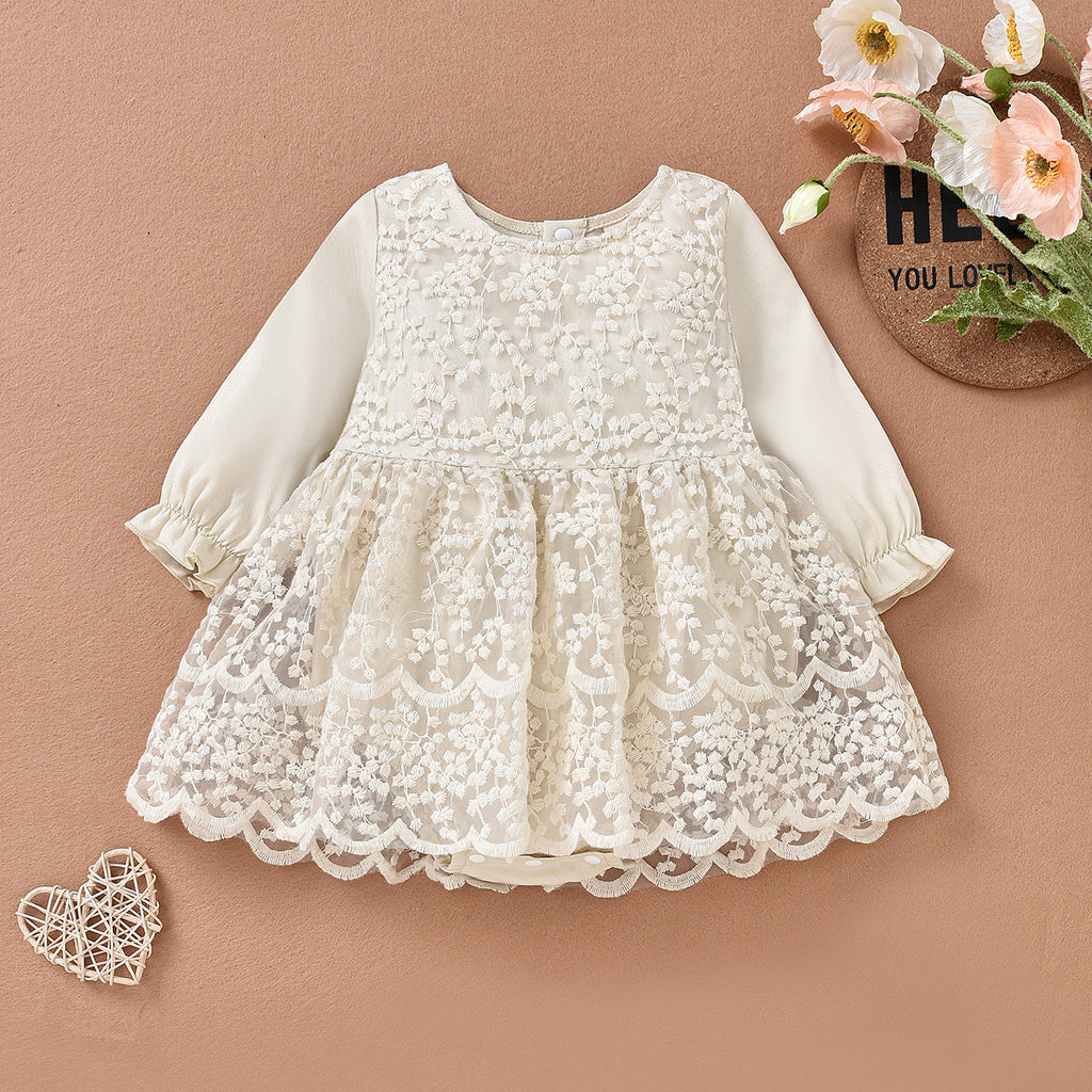 Baby Girls Solid Color Cute Lace Lace Round Neck Long Sleeve Romper Dress - PrettyKid