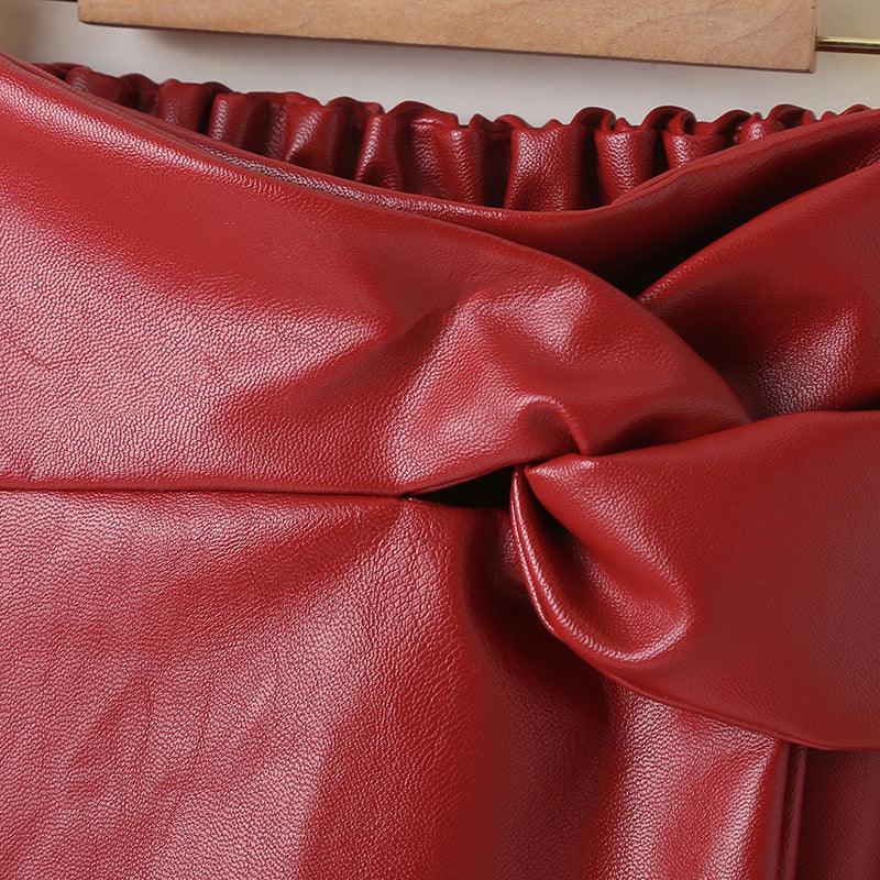 Children Girls PU Leather Red Pleated Skirt - PrettyKid