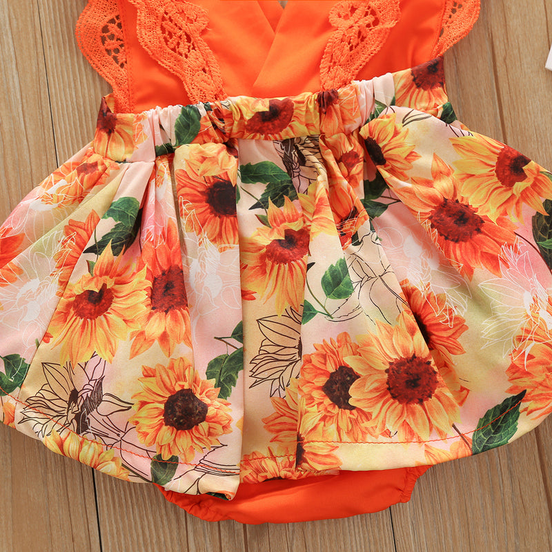 Baby girls lace short sleeve sunflower print dress Jumpsuit - PrettyKid
