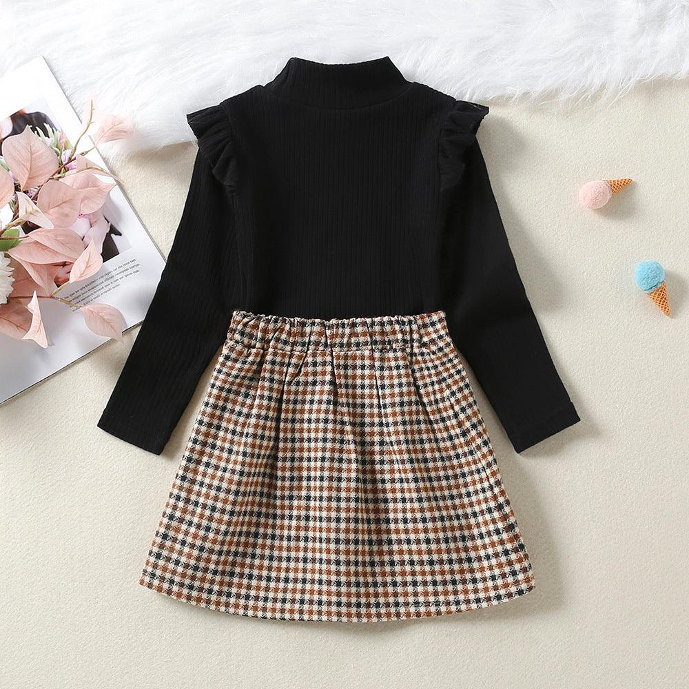 Toddler Kids Girls' Black Sweater Plaid Skirt Two Piece Set - PrettyKid