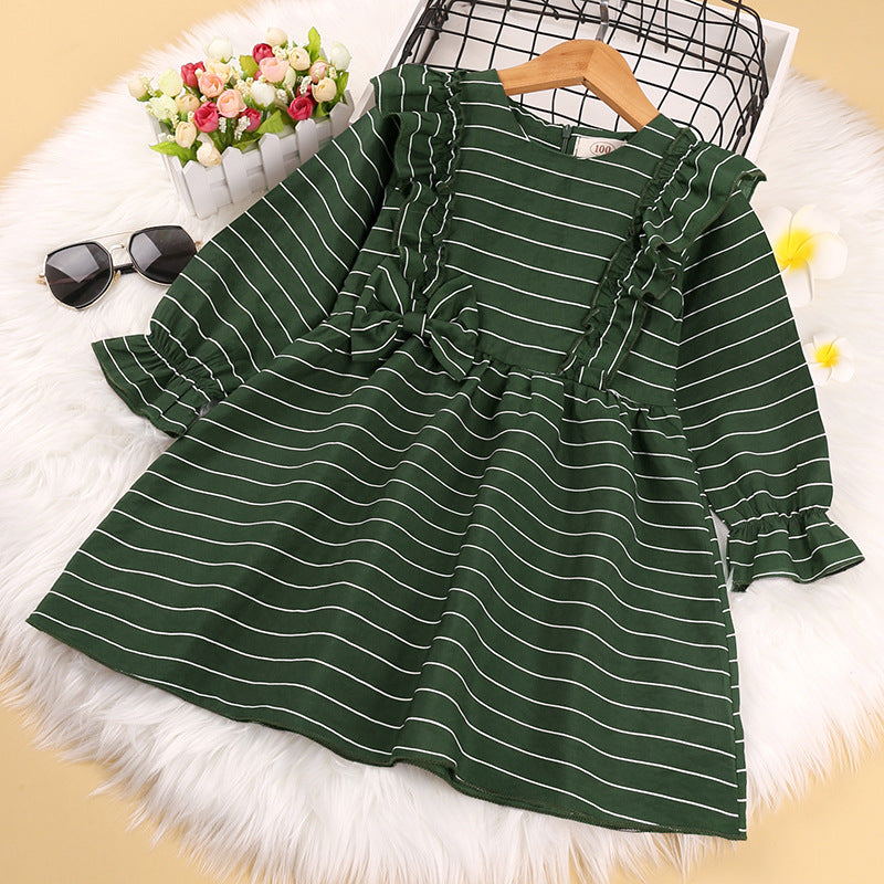 Kids Girls Green Stripe Bow Long Sleeve Dress - PrettyKid