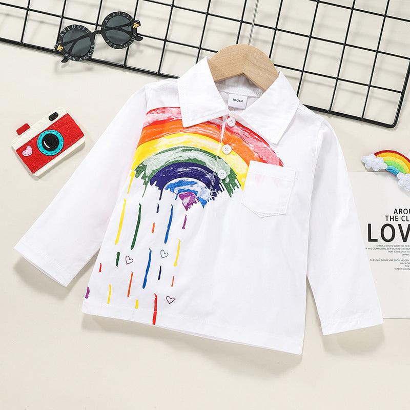 Toddler Kids Boys' Long Sleeved Thin Section Lapel Button Rainbow Print Shirt - PrettyKid