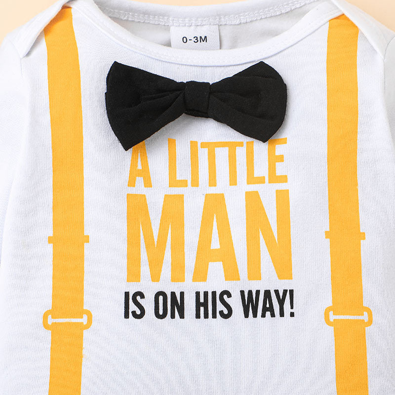 Baby Boys Solid Letter Print Bow Tie Gentleman Jumpsuit - PrettyKid