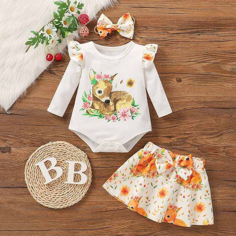 Baby Girls Solid Color Cute Deer Print Jumpsuit Skirt Set - PrettyKid