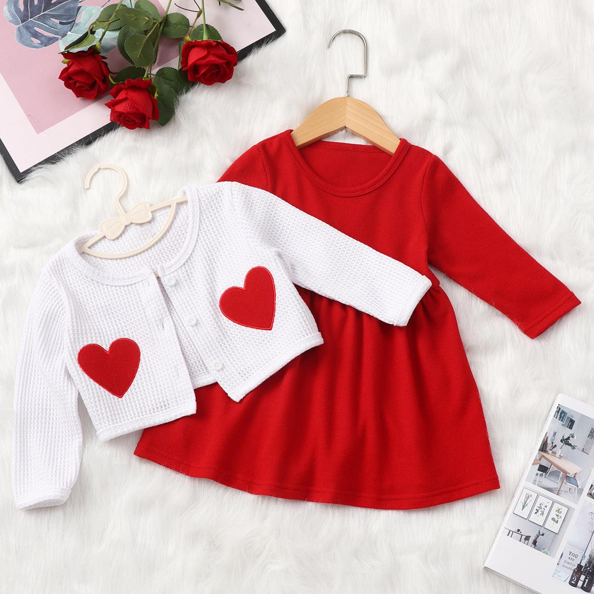 Toddler Girls Red Round Neck Dress Love Embroidery Cardigan Jacket Valentine's Day Suit - PrettyKid