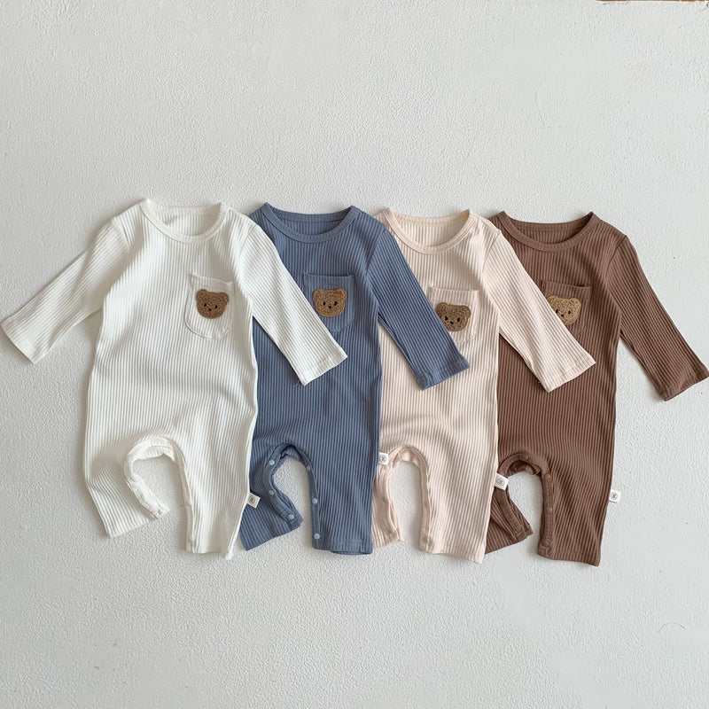 Baby Spring and Autumn New Style Pit Stripe Boys and Girls' Solid Little Bear Round Neck Bodysuit - PrettyKid