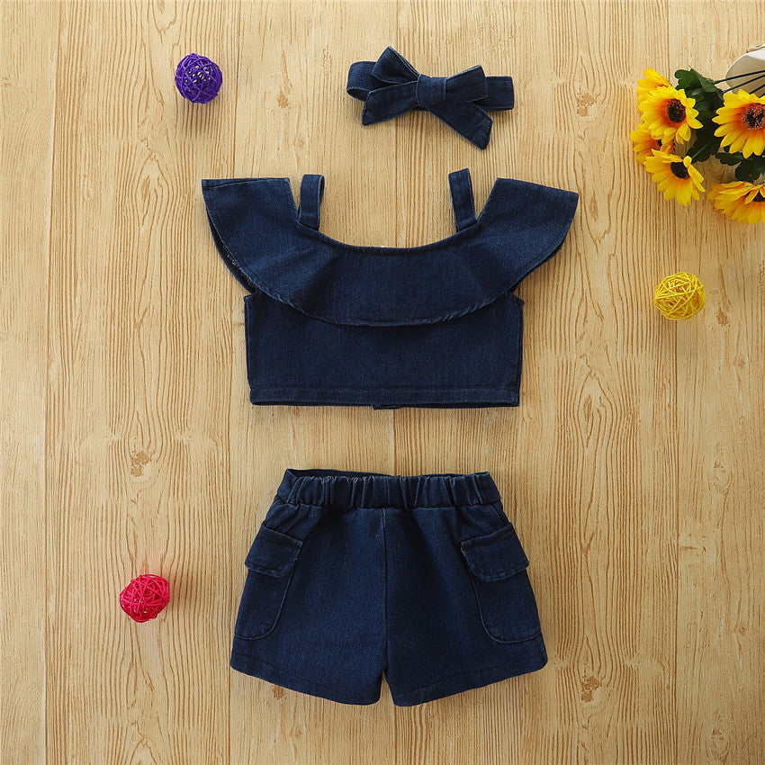 Toddler Kids Girl Solid Colour Camisole Top and Shorts Denim Set - PrettyKid