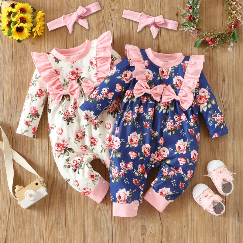 Baby Girl Long Sleeved Lace Bow Floral Print Jumpsuit - PrettyKid