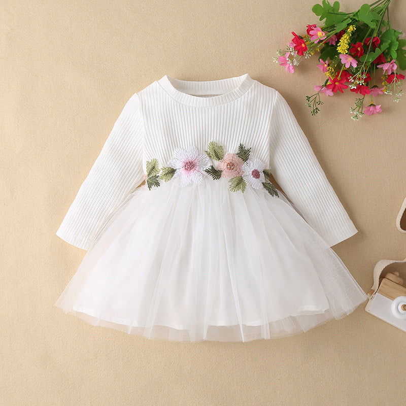 Baby Girls Spring and Autumn Floral Embroidered White Mesh Dress - PrettyKid