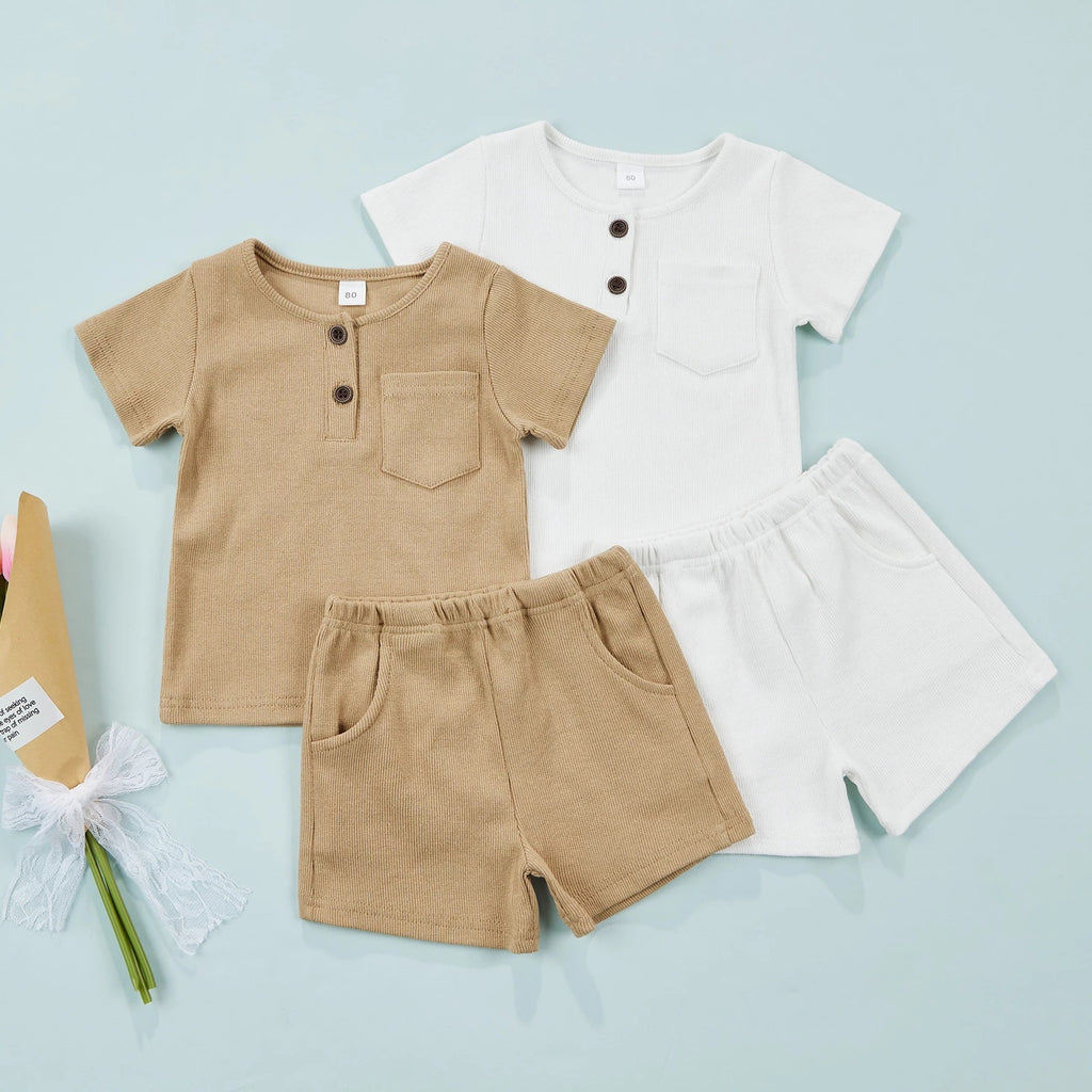9M-4Y Boys And Girls Ribbed Pocket Short Sleeve Wholesale Baby Clothing Baby Outfit Sets - PrettyKid