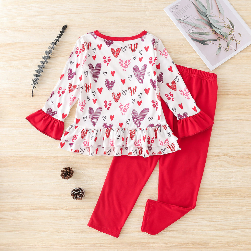Toddler Kids Girls Love Print Flared Sleeve Top Solid Color Pants Valentine's Day Suit - PrettyKid