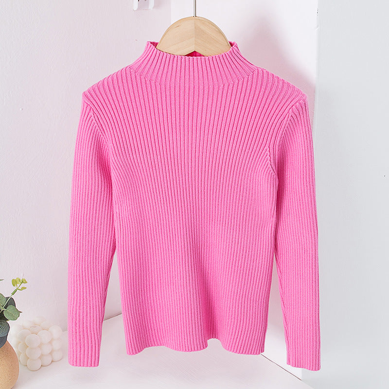 Toddler Kids Solid Color Half High Neck Sweater Knitted Base Top - PrettyKid