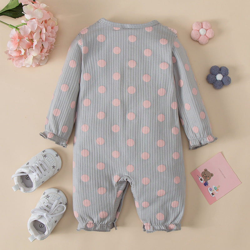 Baby GirlsSolid Color Wave Dot Lace Splicing Legged Long Sleeve Jumpsuit - PrettyKid