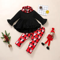 Girls' Solid Color Long Sleeved Shirt Printed Trousers Christmas Suit - PrettyKid