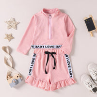 Toddler Kids Girls' Ring Zipper High Neck Top Side Letter Shorts Knit Set - PrettyKid