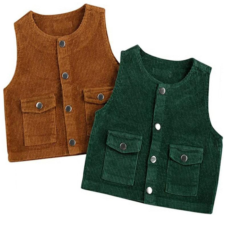 Children Boys Girls Corduroy Solid Double Pocket Vest Top - PrettyKid