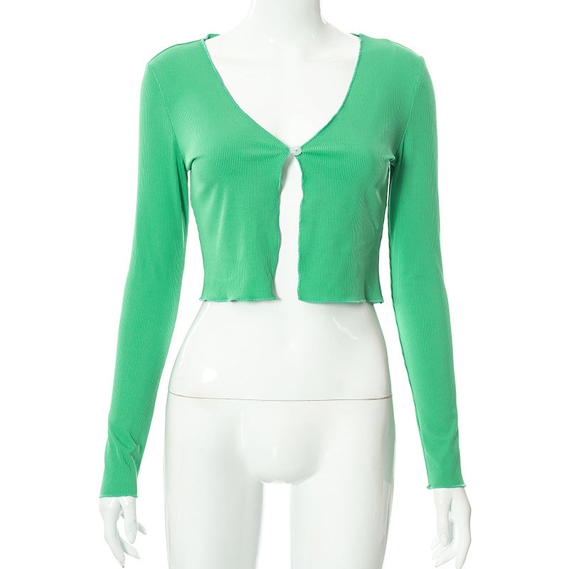 Women‘s Solid Color Open Waist V-neck Single Button Long Sleeve Cardigan Short Top - PrettyKid