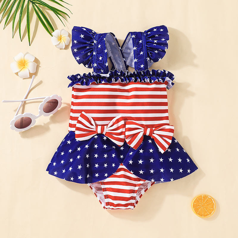 Toddler Girl Independence Day Dress Stripe Cartoon Printed Bow Tie Swimsuit - PrettyKid