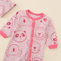 Baby Girls Pink Cartoon Panda Long Sleeved Foot Wrap Bodysuit Hat Two Piece Set - PrettyKid