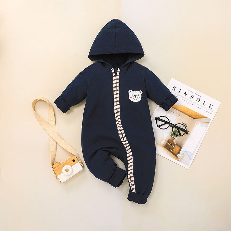 Baby Boys Girls Solid Color Cartoon Bear Embroidered Zipper Long Sleeve Jumpsuit - PrettyKid