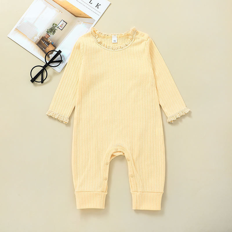 Baby Girls Solid Color Long Sleeve Knit Stripe Jumpsuit - PrettyKid