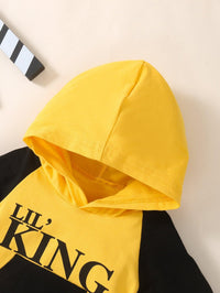 Baby Boys Long Sleeve King Letter Printed Black and Yellow Patchwork Hoodie - PrettyKid