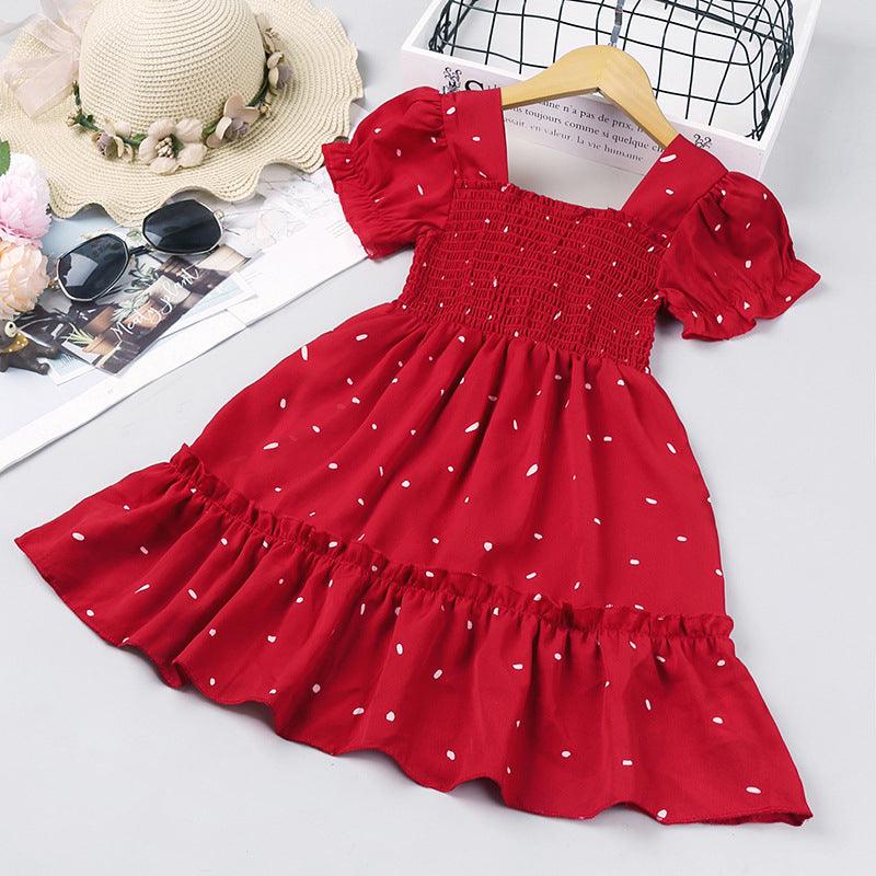 Toddler Kids Girl Solid Dot Short Sleeve Square Neck Dress - PrettyKid