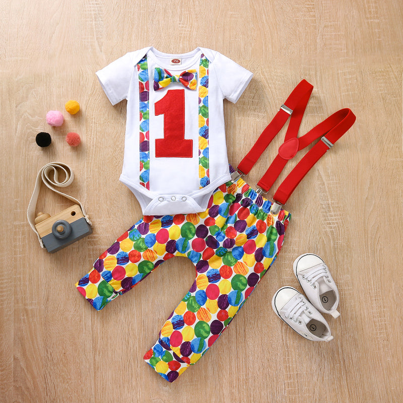 Baby Boys Dot Digital Print Bow Tie Round Neck Long Sleeve Strap Trousers Jumpsuit Suit - PrettyKid