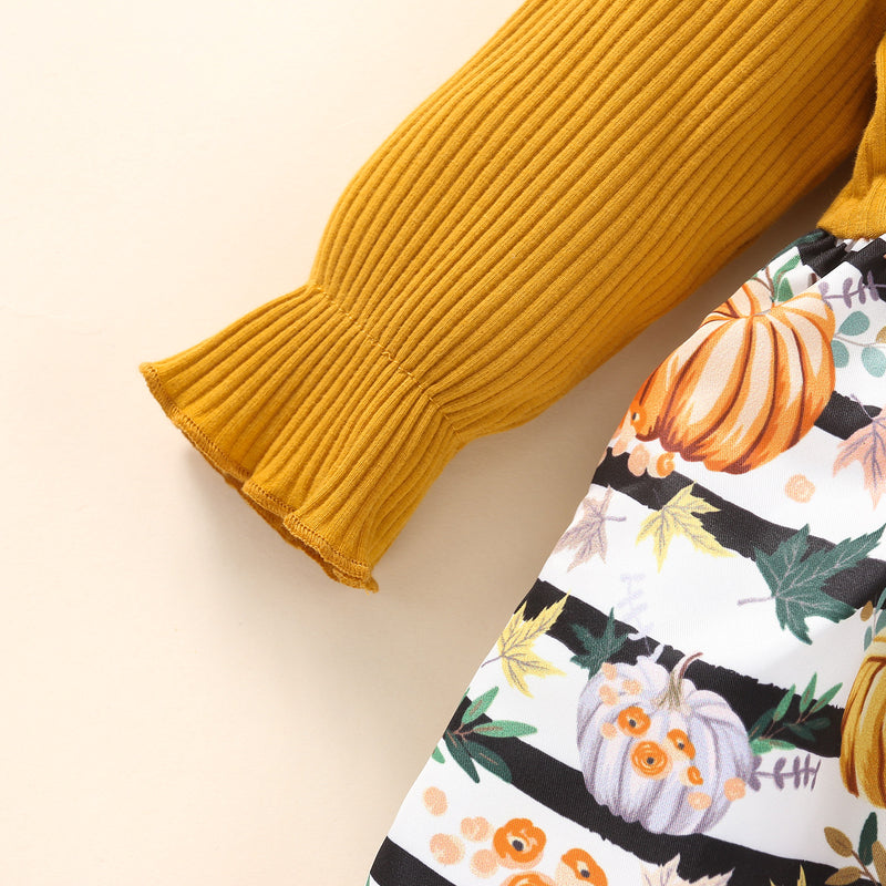 Toddler Kids Girls Solid Color Knit Stitching Cute Pumpkin Striped Print Dress - PrettyKid