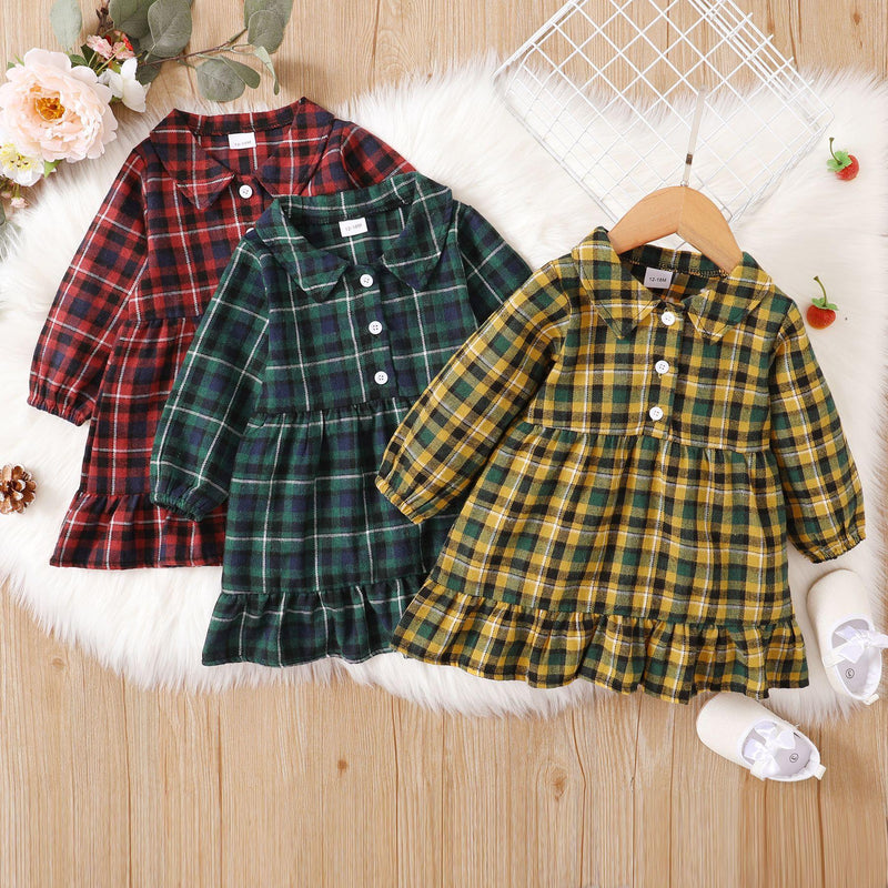 Toddler Girls Plaid Printed Long Sleeve Ruffle Dress - PrettyKid