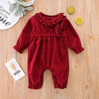 Baby Girls Corduroy Red Lace Neckline Diagonal Buckle Jumpsuit - PrettyKid