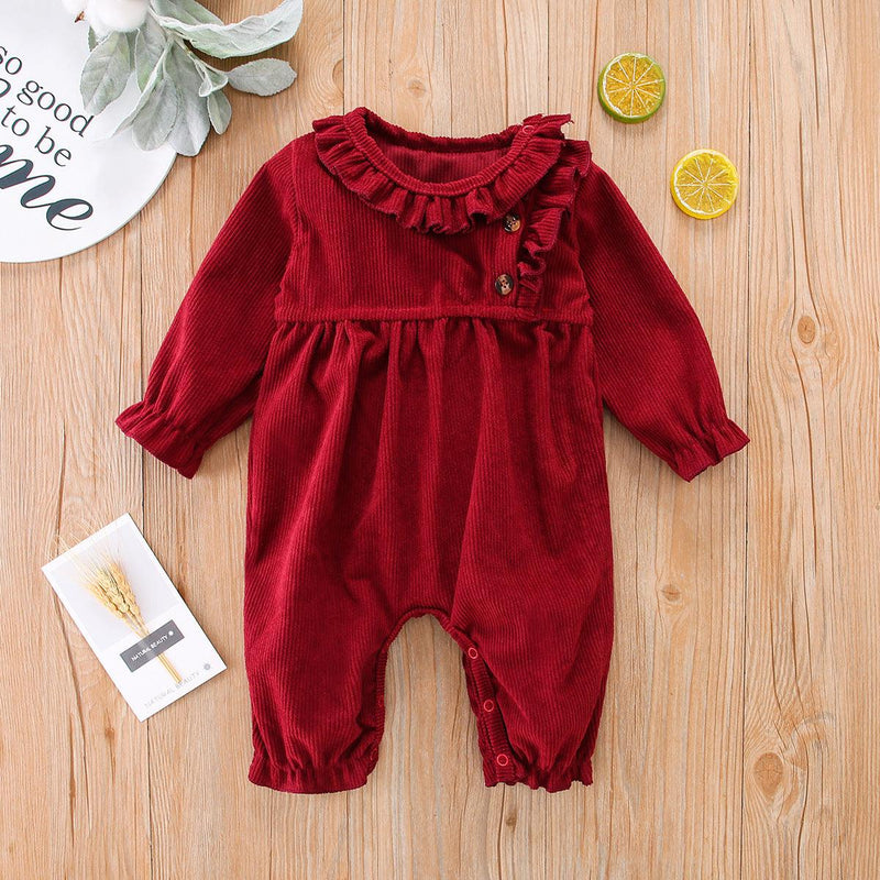 Baby Girls Corduroy Red Lace Neckline Diagonal Buckle Jumpsuit - PrettyKid