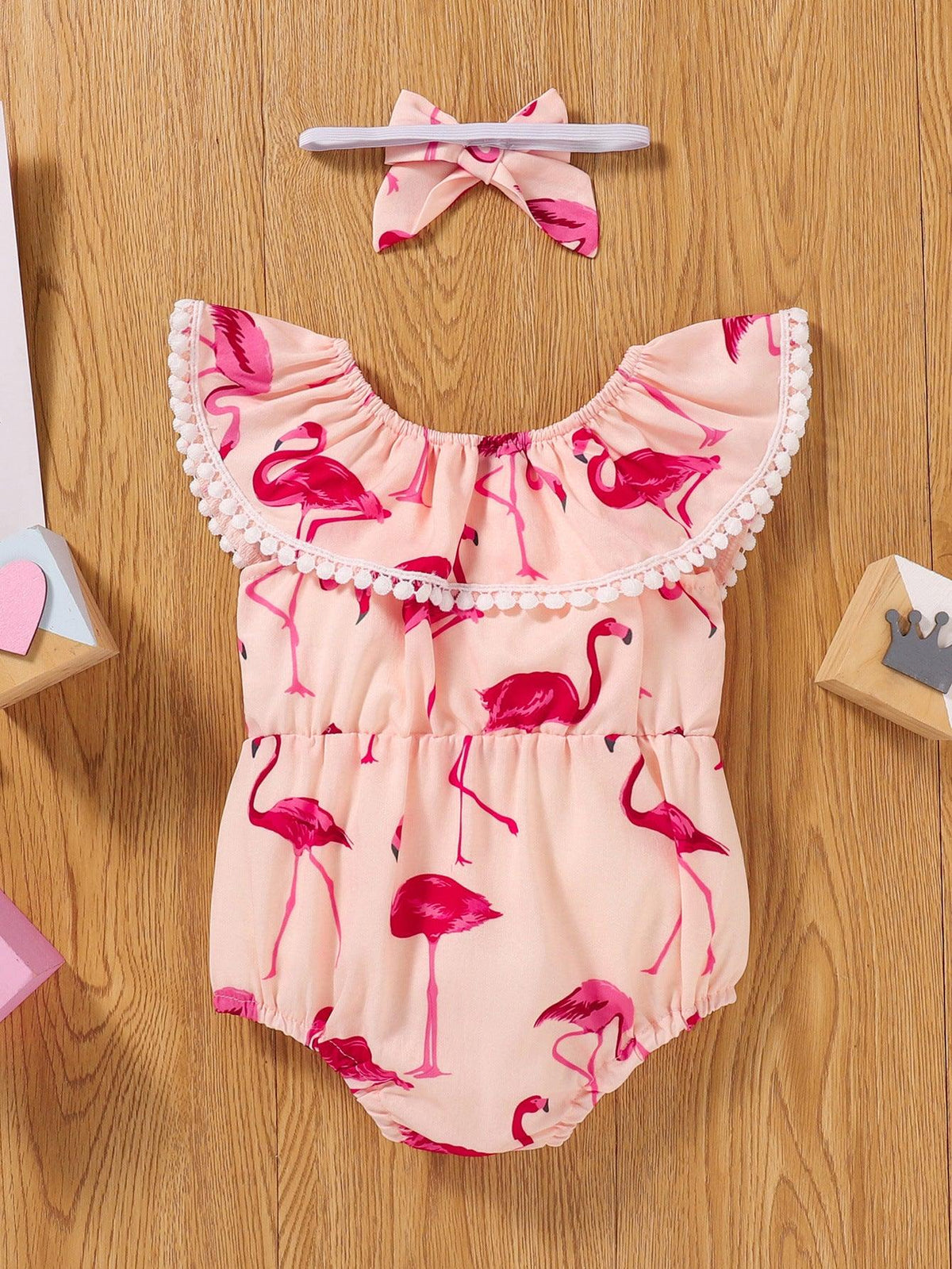 Baby Girls' Lotus Collar Flamingo Print Jumpsuit - PrettyKid