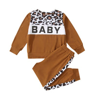 Toddler Kids Solid Color Leopard Print Patchwork Long-sleeved Suit - PrettyKid