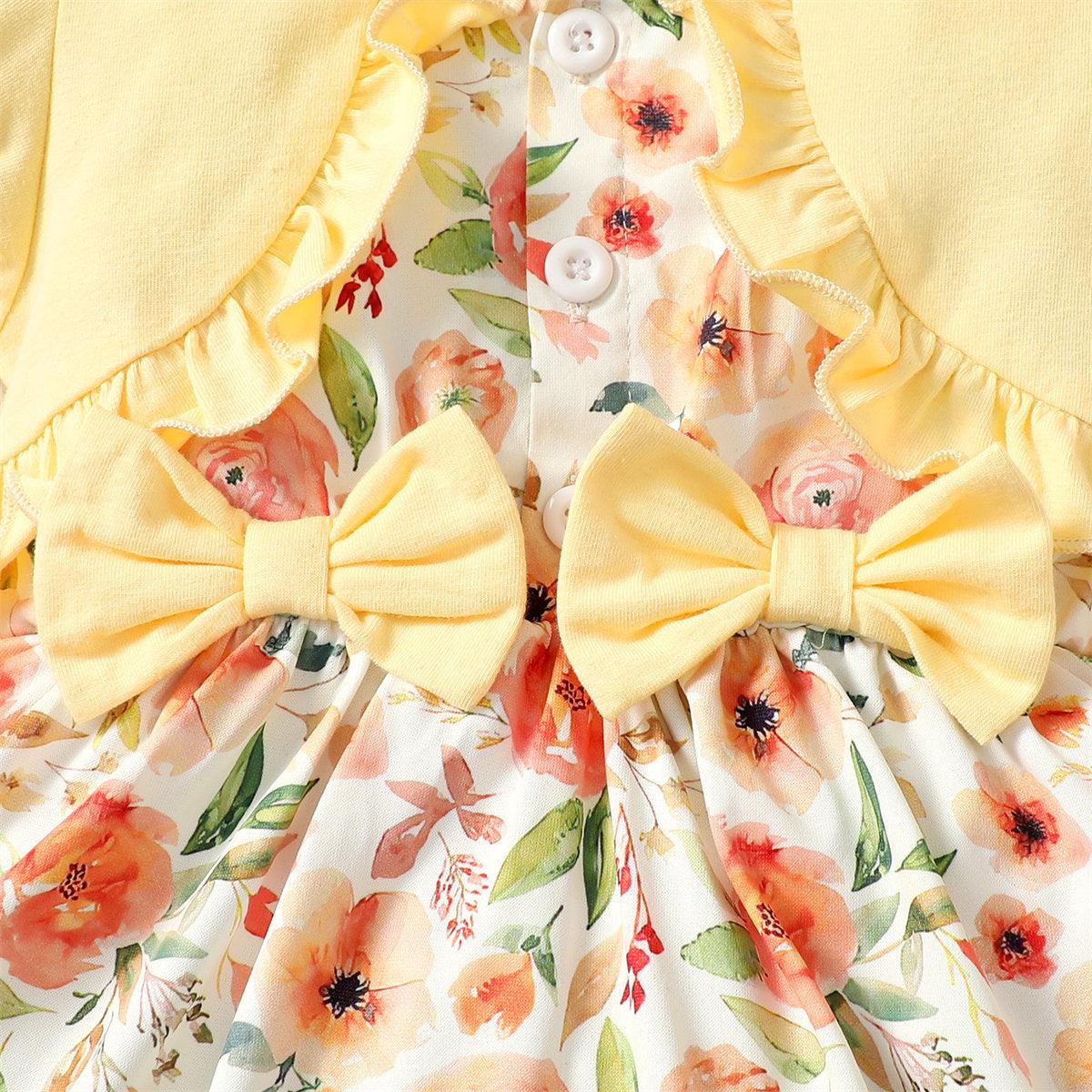 Baby Kids' New Floral Yellow Bubble Sleeve Dress 2-Piece Set