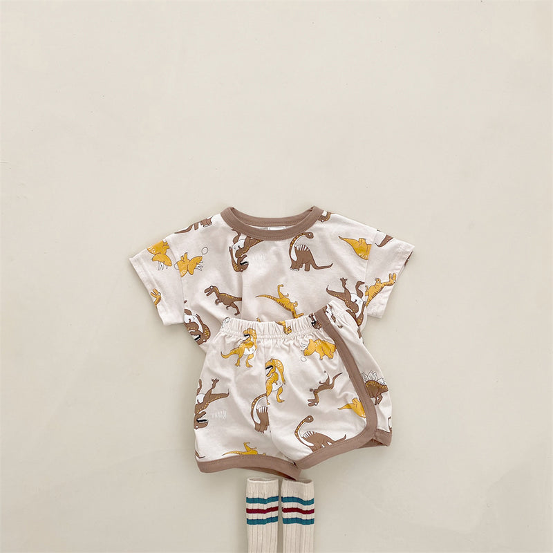 2022 Dinosaur Boys and Girls Infant Small Children Short-sleeved Shorts Set - PrettyKid